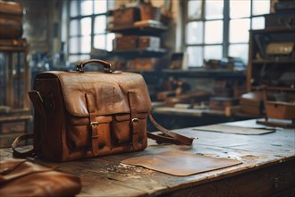 A vintage leather briefcase on a workbench in a rustic workshop setting, AI generated