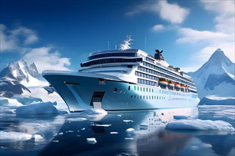 Cruise ship sailing in icy waters surrounded by glaciers snow capped mountains, AI generated