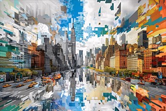An abstract fragmented representation of New York City's urban landscape, illustration, AI