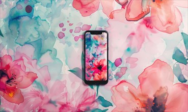 Artistic smartphone mockup against a vibrant watercolor floral seamless background AI generated