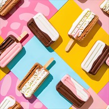 Flat lay pattern ice cream sandwiches and ice cream bars on a colorful background AI generated