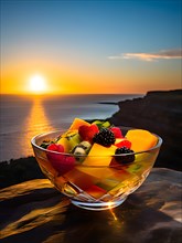 Glass bowl brimming with colorful fruit salad perched on a cliffs edge vast ocean, AI generated