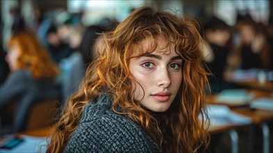 Portrait of a thoughtful redhead woman with curly hair and freckles in university classroom, AI