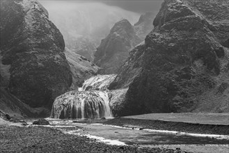 Stjornarfoss waterfall, near Kirkjubaejarklaustur, black and white photo, Sudurland, Iceland,