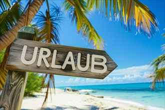 Road sign with text German text 'Urlaub' (Vacation) in front of tropical palm trees at beach. KI