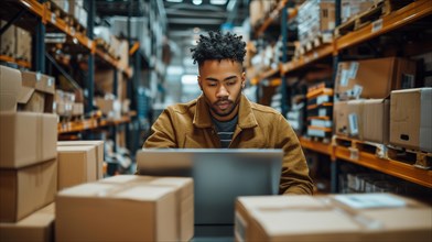 Young black man with afro hairstyle focused on working with a laptop in a warehouse surrounded by