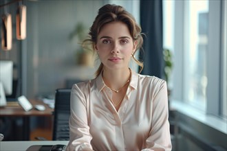 A businesswoman at her desk in a modern office, looking focused, AI generated