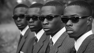 Black and white image of a group of black young men in suits and sunglasses looking serious, AI