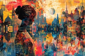 Colorful abstract profile overlaid with a vibrant cityscape and paint splatters, illustration, AI