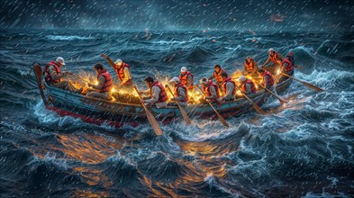 Team rowing a boat wearing life jackets on a stormy sea at night, AI generated