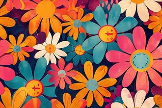 Colorful abstract floral pattern with cheerful button-like details, illustration, AI generated