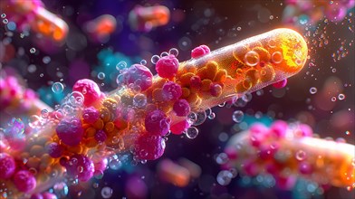 A 3D rendering of a vibrant, colorful representation of bacteria and medicine, AI generated