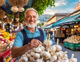 Food, spices, garlic, Allium sativum, many bulbs on a market stall in Italy, old man as seller, AI