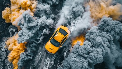 Aerial view of a yellow sports car enveloped in colored smoke on a tarmac road, AI generated