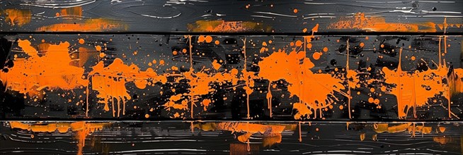 Energetic orange splatter on a black textured background creating an abstract visual, banner 3:1