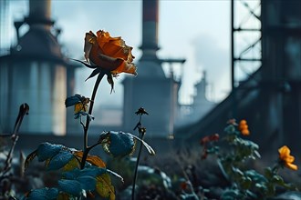 Wilted flowers against a backdrop of industrial smokestacks, AI generated