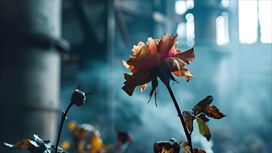 Wilted flowers against a backdrop of industrial smokestacks, AI generated