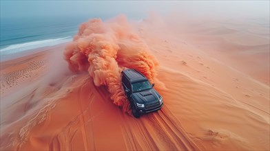 A 4x4 suv having fun through a sandy desert dune, leaving a large dust trail, near the sea coast,