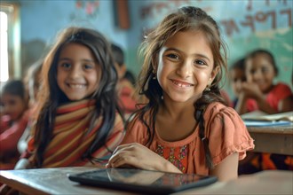 Pre-school girls sit in the classroom with a digital tablet and look smiling into the camera,