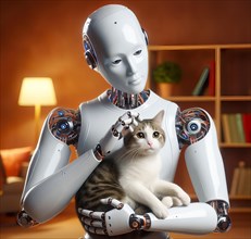 A humanoid robot holds a cat in its arms and strokes it, symbolic image cybernetics, emotion,
