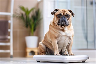 Obese pug dog sitting on bathroom scales. KI generiert, generiert, AI generated
