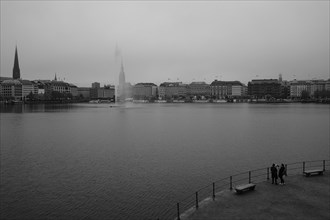 View over the Inner Alster Lake, black and white, Hanseatic City of Hamburg, Hamburg, Germany,