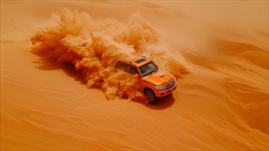 An orange car covered with sand dust driving off-road in golden desert dunes, action sports