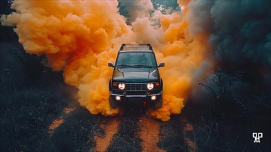 Aerial view of a dark SUV enveloped in orange smoke on a forest trail, action sports photography,