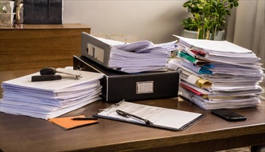 Cluttered office desk with piles of paper and personal items, symbolism bureaucracy, AI generated,