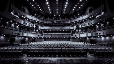 Empty modern theater auditorium with rows of seats and a stage, in black and white, ai generated,
