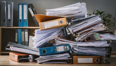 A large pile of papers and folders stacked on a desk, symbol bureaucracy, AI generated, AI