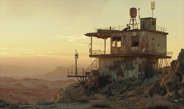 A weathered and abandoned desert outpost bathed in the light of a sunset AI generated