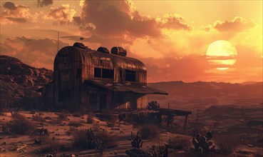 A deserted sci-fi structure looms under an expansive sunset in a desolate landscape AI generated