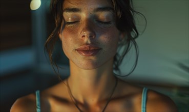 Calm woman with closed eyes in soft evening light with serene expression AI generated