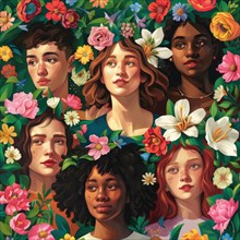 Artistic illustration of diverse women surrounded by vibrant flowers AI generated