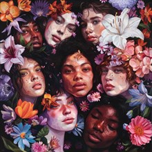 Evocative artwork of diverse women's faces with expressive floral elements AI generated