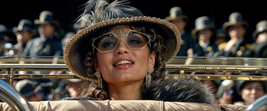Smiling woman in vintage clothing and feathered hat enjoying a parade, exuding elegance, AI