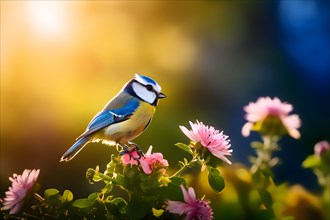 Blue tit sitting in a blooming garden expressing summer wildlife, AI generated