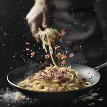 Hand garnishing carbonara fettuccine with bacon and cheese in a pan mid-air, AI generated