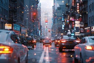 Rainy cityscape with cars in blurred motion, twinkling urban lights and a bokeh effect in the
