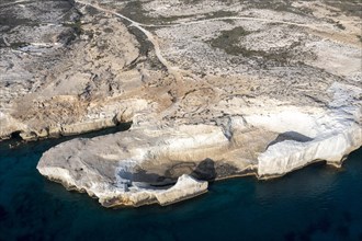 White rocks on the coast near Sarakinikoer, aerial view, Milos, Cyclades, Greece, Europe