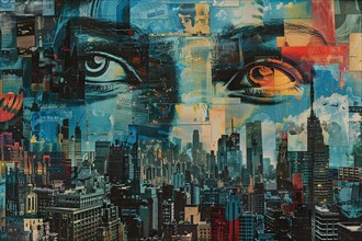 Collage featuring woman's eyes in a blue-toned cityscape, mixed media with an intense gaze,