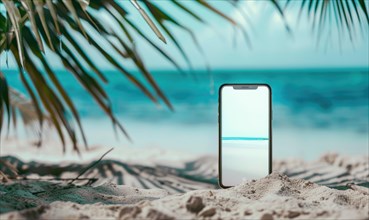 Smartphone mockup with a blank screen on a tranquil beach background, travel and tourism AI