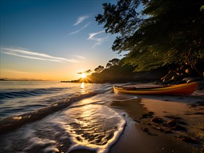 Secluded beach at sunrise with gentle waves a lapping shore and a kayak awaits, AI generated
