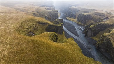 Fjadrarglijufur Canyon in the fog, Justin Bieber Canyon, drone shot, Sudurland, Iceland, Europe