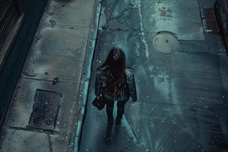 Overhead view of a woman walking alone on a rain-soaked urban street, AI generated