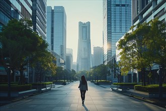Back view of a woman walking towards skyscrapers in morning light, AI generated