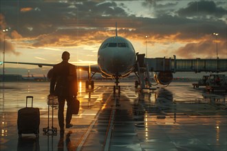 A traveler stands before an airplane at sunset, reflections on the wet tarmac, AI generated