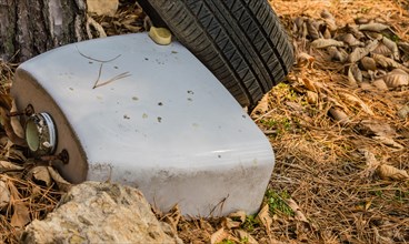 A white toilet tank resting on the ground near a tire surrounded by pine needles, in South Korea