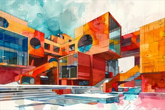 Vibrant watercolor of a modern red geometric building against a blue sky, in an abstract artistic